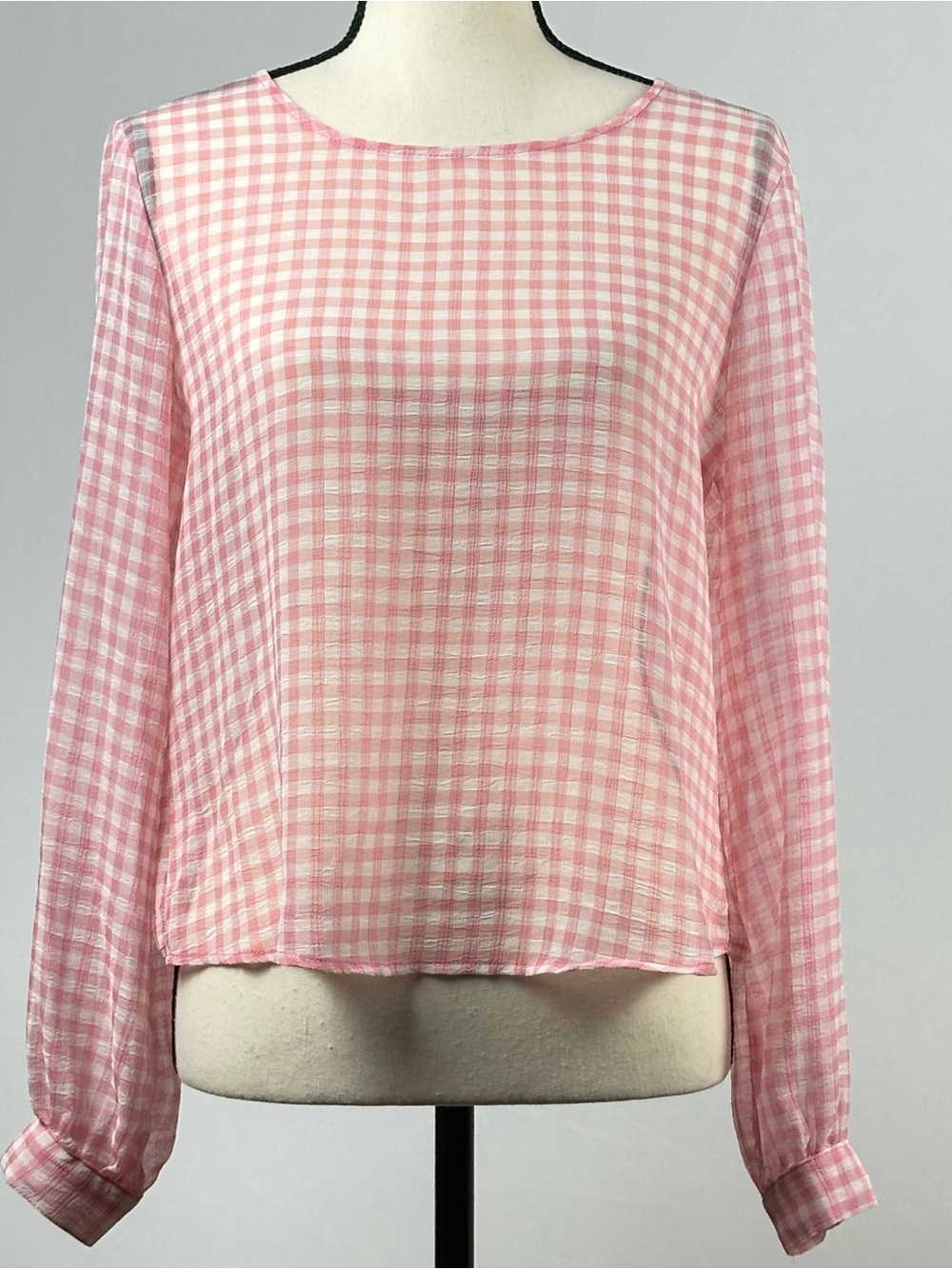 BELLE DU JOUR sheer gingham blouse in pink & white - size small/medium
